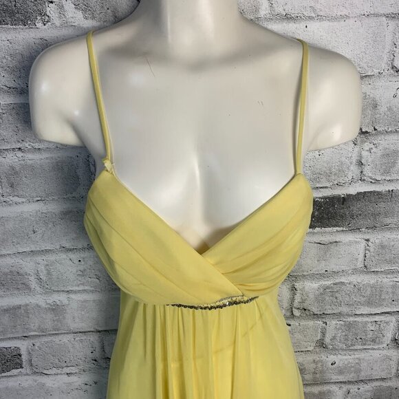 Vintage Babydoll Sheer Yellow Chiffon Handkerchief Asymmetrical Hem Midi Dress - Picture 2 of 13
